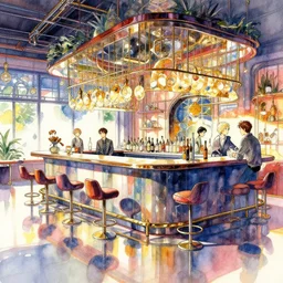 a beautiful insanely intricate watercolor illustration of modern bar indoor, reflexions, colorfull, by greg rutkowski, by james jean, by rossdraws, by frank franzzeta, by sakimichan, by edmund dulac, trending on artstation, insanely detailed, masterpiece,