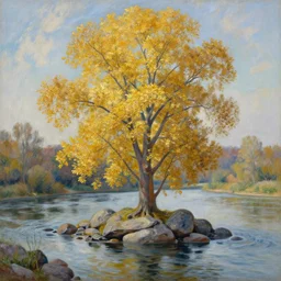 a highly detailed matte oil painting by ( ( ( ( ( monet, afremov, and ) ) ) ) ) greg rutkowski of a very tall tree with lots of golden leaves growing on a pile of rocks in the middle of a river.