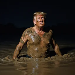 the terminator disguised as donald trump, rising out of muddy vietnam river, face covered in mud, low camera angle at water level, night time, film still from apocalypse now ( 1 9 7 9 ), 2 6 mm,