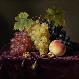 a painting of fruits on a velvet fabric on a table : red, yellow and black grapes, covered in grape vines, peaches, walnuts, a snail, a still life, by jan davidsz. de heem, dark lighting, pixabay contest winner, baroque, chiaroscuro, oil on canvas, flemish baroque