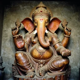 A large. ancient wood sculpture of Ganesh, shot on canon camera, shot on 16mm film, hyper-realistic, photo