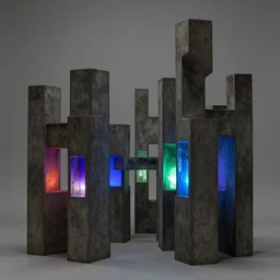 abstract mazy sculptures made of dark concrete and colorful glowing glass, by barbara hepworth, artstation