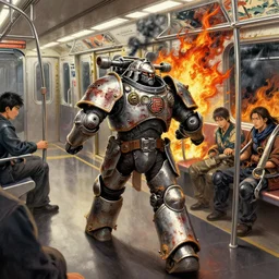 runs away from men on the subway, composition, warhammer, cyber japan armor, more scars,, fire storm, thunderstorm, the middle ages, highly detailed, artstation, moebius, jugendstil and classic japanese print, art by kenton nelson