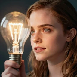 emma watson's face looking through a light bulb