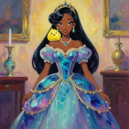 black - skinned princess in a labradorite study, wearing an elegant dress with vaporwave elements. this gouache painting by the award - winning mangaka has an interesting color scheme and impeccable lighting.