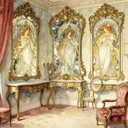 a beautifull intricate watercolour painting of a victorian room with mirror, reflexions, verry high details by william turner art, greg rutkowski and alphonse mucha, trending on artstation, very very detailed, masterpiece, - h 7 0 4
