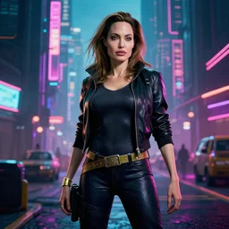 cyberpunk angelina jolie she hulk standing on a cyberpunk street with neon lights, cyberpunk 2 0 7 7, detailed, portrait