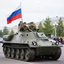 russian soldiers in full uniform ride on an armored personnel carrier with the flag of the russian empire