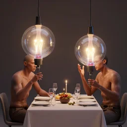 two spherical glass plasma lamps with normal human bodies having an awkward dinner date. intricate concept art, by senior concept artist, octane render, 8 k, hdr
