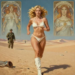 A mixed media portrait painting of a beautiful blonde woman running on a desert alien planet, soldier, very curvy, aesthetic! white-bikini-armor and boots, aesthetic symmetrical face and eyes, Scandinavian, by Boris Vallejo, Beeple, Frank Frazetta, Greg Rutkowski, Christian MacNevin, Alphonse Mucha, epic fantasy character art, high fantasy, CGsociety, 60's Sci-fi Pinup style, exquisite detail, post-processing, masterpiece, cinematic