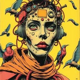 risograph grainy drawing vintage sci - fi, antagonist, satoshi kon color palette, face covered with robot parts and wires, wearing futuristic layered scaphander with lot tentacles, arzach birds around, painting by moebius and satoshi kon and dirk dzimirsky close - up portrait