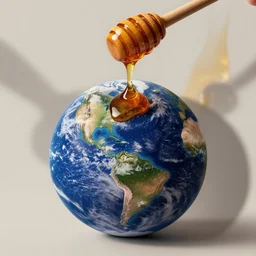 honey dipper!!, dripping honey, onto the planet earth!! highly detailed, dynamic shadows, 4 k, wallpaper, professional photo, caustics