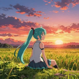 miku hatsune sitting on a hill overlooking rice fields during sunset cinematic, vibrant colors, anime illustration, anime composite background