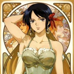 highly detailed vfx portrait of nico robin, alphonse mucha