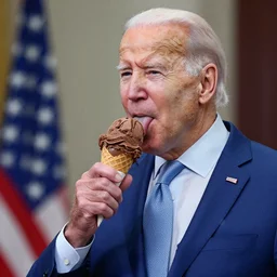 Joe Biden vigorously enjoying licking a chocolate ice cream cone