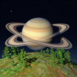 Planet Saturn with trees on the surface