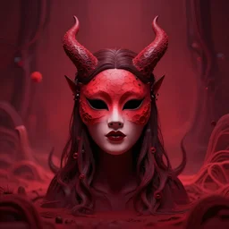 A delightful Portrait of a mask Succubus in a ghost direful environment by Coles Phillips, trending on Unsplash.:5, HD, 8k resolution, Skybox, Voronoi Minkowski, Terrain rendering, in the Style of Algorithmic Art, DoF:2, Rubine red color scheme, blur, bokeh, dof:-1
