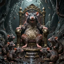 murky sewer scene with a grinning rat king sitting on a throne, surrounded by other rats. trending on artstation, fantasy illustration, realistic, extremely detailed