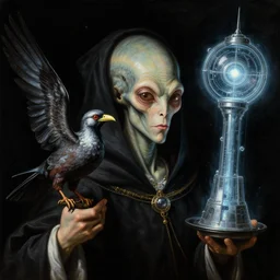a baroque close - up portrait of a cosmic alien wizard, his bird, and a glowing sci - fi time machine. black background. highly detailed science fiction painting by norman rockwell, moebius, frank frazetta, and syd mead. high contrast. renaissance masterpiece. artstation