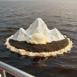 an island made of caviar, in the center of the island there are mountains made of ice cream, the water around this island is made of coca - cola ( dark brown water ), the photo was taken from a boat, 3 5 mm, cinematic