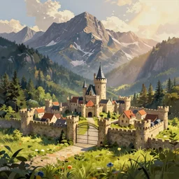 digital painting of a small castle town closed off by large metal gate, border, behind a forest, large mountains in back, detailed, concept art, low angle, high detail, warm lighting, volumetric, godrays, vivid, beautiful, trending on artstation, by Jordan grimmer, huge scene, grass, art greg rutkowski