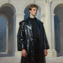 hyperrealism oil painting, close up fully clothes in black reflect robe man figure, standing near gigantic classical arches, in style of classicism mixed with 8 0 s sci - fi hyperrealism