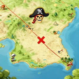 pirate treasure map with an x marking the spot, concept art, illustrated, highly detailed, high quality, bright colors, optimistic,