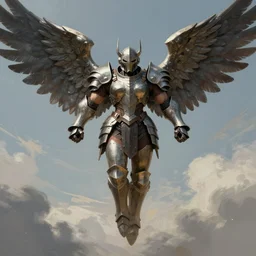 big muscular female warrior, wearing full plate armor, with large wings, flying into the sky, matte painting, brutalist painting, Anthem game, battle angel, single character full body, 4k, illustration, concept, rule of thirds, centered, transformers animated