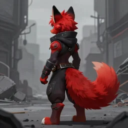 red fursona stoat tailbehind back | fantasyart | urbanscene coalpunk masculine fursona black