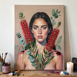 “ a portrait in a female art student ’ s apartment, australian wildflowers, sensual, queer woman, flax, flannel flower, bottlebrush, eucalyptus, charred, new leaves, art supplies, a candle dripping white wax, aboriginal art, berry juice drips, acrylic and spray paint and oilstick on canvas, surrealism, neoexpressionism ”