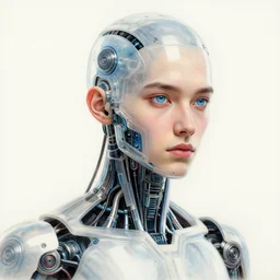 a beautiful portrait of a young bionic male cyborg, cyberpunk, intricate wiring, perfectly clean translucent skin, perfect proportions, electronic components, augmented vision, volumetric light, photography, color, intricate, extremely detailed, hyperrealistic, color pencil drawing, trending on artstation