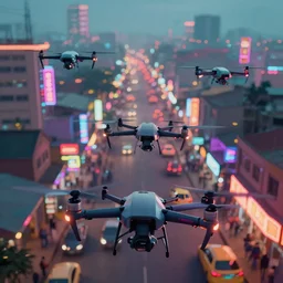 3 d vfx art of flying drones above a bustling - a neon lit - ajegunle street in nigeria, cinestill 8 0 0 t photograph, unreal engine render, digital illustration, illustration style by mike winkelmann, sharp, intricate detail, volumetric light, ray tracing, soft light, colourful, surreal environment, first person view,