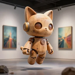 3 d octane render ultra photorealistic 8 k hyper detailed unreal engine, a very very cute wooden statue robot of the roman cat ears cyberpunk flying in the space intergalactic in a contemporary art gallery in neo tokyo artwork by mucha