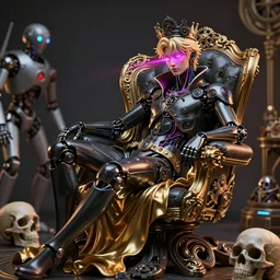 full-body rococo and cyberpunk style neon statue of a young attractive pale blond male android reclining in a netrunner chair, glowing magenta laser eyes, prince crown of black gears, onyx, swirling gold-colored silk fabric. futuristic elements. full-length view. space robots. human skulls. intricate artwork by caravaggio. Trending on artstation, octane render, cinematic lighting from the right, hyper realism, octane render, 8k, depth of field, 3D