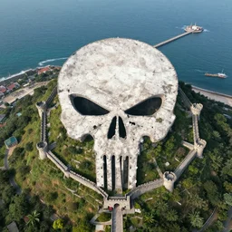 aerial view of an ancient punisher castle compound fortress from above on a hill by the ocean shaped exactly like the punisher symbol detailed