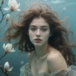 character art of a queen of magnolias as windy dusty underwater angelic young female | | seductive - fine - face, pretty face, key visual, realistic shaded perfect face, fine details by artgerm, wlop, tom bagshaw, james jean, andrei riabovitchev, marc simonetti, trending on artstation