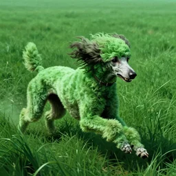 the green - furred grass - large greyhound poodle hybrids charge into the fray, bounding through the lush green sea of deep grass, shaggy green fur blowing in the wind, scifi pulp, matte painting, concept art, book cover, frank frazetta, syd mead, boris vallejo, movie poster, 7 0 s scifi, cinematic still, 4 k hd