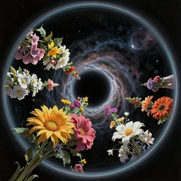 An epic fantastic realism comic book style painting of the most beautiful flowers launched into space, bouquets hurdling toward a nebulous black hole, fisheye lens, unreal 5, DAZ, hyperrealistic, octane render, dynamic lighting