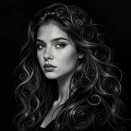 portrait of a beautiful woman, long fractal hair, black background, speed painting, intricate details, black on black, 8k
