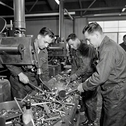 photograph, men working in a machine shop sweeping up scrap metal, circa 1946