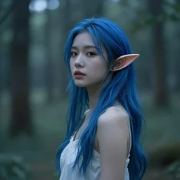 beautiful young Asian elf woman with elf ears and blue hair in a hazy forest at dusk, by Katia Chausheva