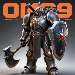a large cyberpunk paladin in rounded heavy plate armor with large shoulder pads and a spartan helmet and a very large shield he is holding a large axe in a cyberpunk setting, 1 9 3 9 omni magazine cover, style by vincent di fate, artgerm, cyberpunk 2 0 7 7, very coherent, detailed, 8 k resolution, unreal engine, daz