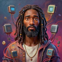 stylish caricature - 3 d vfx - drew struzan movie poster - art of an african jesus surrounded by wires and computer chips, art style by james jean & hsiao - ron cheng, unreal engine render, digital illustration, sharp, intricate detail, volumetric lighting, ray tracing, soft light, colourful, claymation style, ernie barnes style, symmetric, acrylic on canvas,