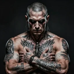 Russian prisoner with russian criminal tattoos, highly detailed, symmetrical, detailed ink illustration, raiden metal gear, cinematic smooth, deep aesthetic, concept art, post process, 4k, , evil, moody lighting