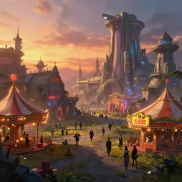 cyberpunk vampires in small town, sci - fi carnival atmosphere, highly detailed, digital painting, trending artstation, concept art, illustration, cinematic lighting, sunset, photorealism, octane render
