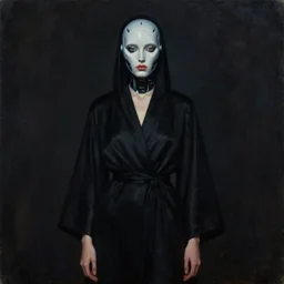 hyperrealism oil painting, portrait, fashion model, black robe in complete darkness, sci - fi robot face, in style of classicism mixed with 8 0 s sci - fi hyperrealism