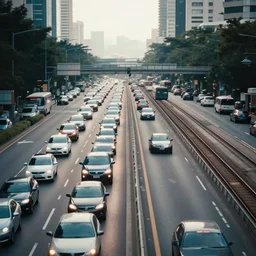 a stunning aesthetic wallpaper of a city highway full of traffic with a train track and bus lane nearby, photograph by leon macapagal, 8 k, soft focus, cinematic lighting, trending on flicker, super resolution.