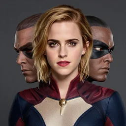 portrait of seamless amalgamation, emma watson's head, clayface's body, martian manhunter's costume, blond hair, david hamilton photography