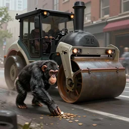 an image of a steamroller that's about to run over a chimpanzee that's picking up pennies in a city street, dramatic lighting, highly detailed digital painting