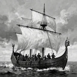black and white digital painting of a viking ship sailing by feng zhu, drakkar, masterpiece, by thomas blackshear, cinematic environment, magali villeneuve, jeremy lipkin, alejandro burdisio